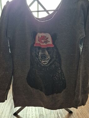 Lucky Lager Beer Long Sleeve Bear Graphic Tee - Charcoal Gray